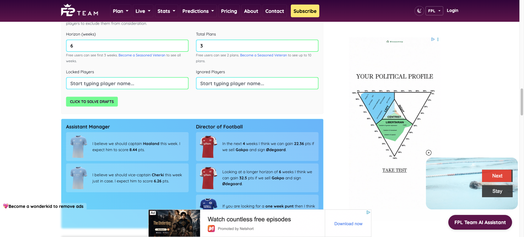 fpl.team's captain and transfer advice panels, below solver fields stating the free three-week and two-plan limits